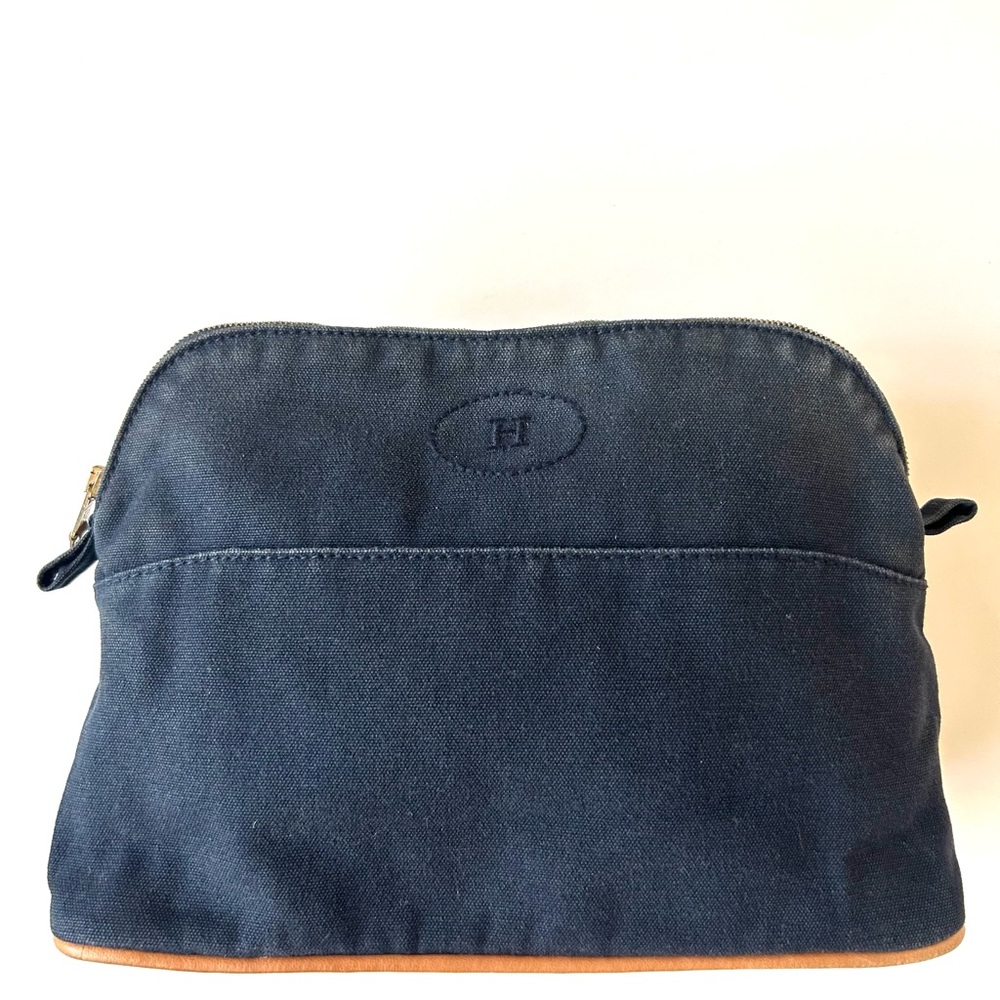 Hermés Navy Canvas Cosmetic Pouch with Leather Trim